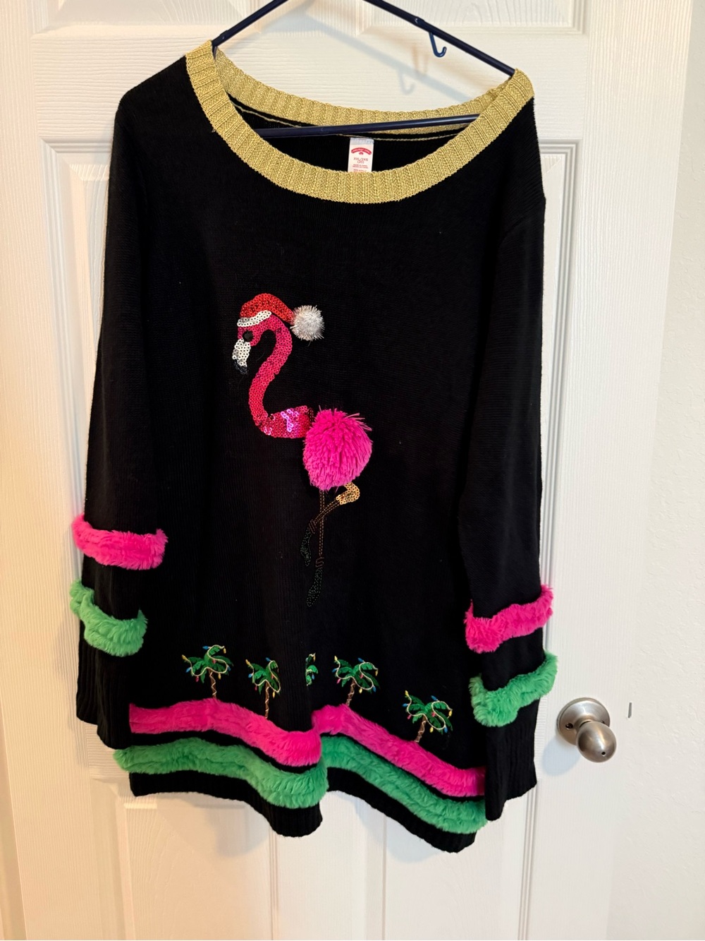 Holiday Time Black Sweater with Pink Flamingo and Gold Trim